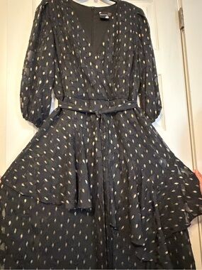 Black Long Sleeve Tiered Midi Dress with Gold Metallic Dot Accents
